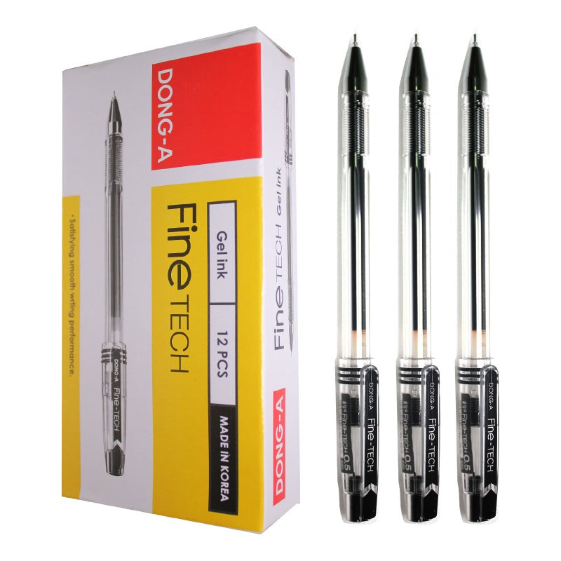 Dong-A X12 Fine Tech 0.5 Mm Gel Ink Rollerball Pen - Black - Pack of 12 Pens - Image 1